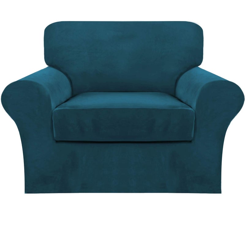 FantasDecor 2 Piece Chair Sofa Covers Velvet for Living Room Slipcovers with Individual Cushion Elastic Furniture Protector for Pets, Machine Washable (Armchair, Deep Teal) - Image 1